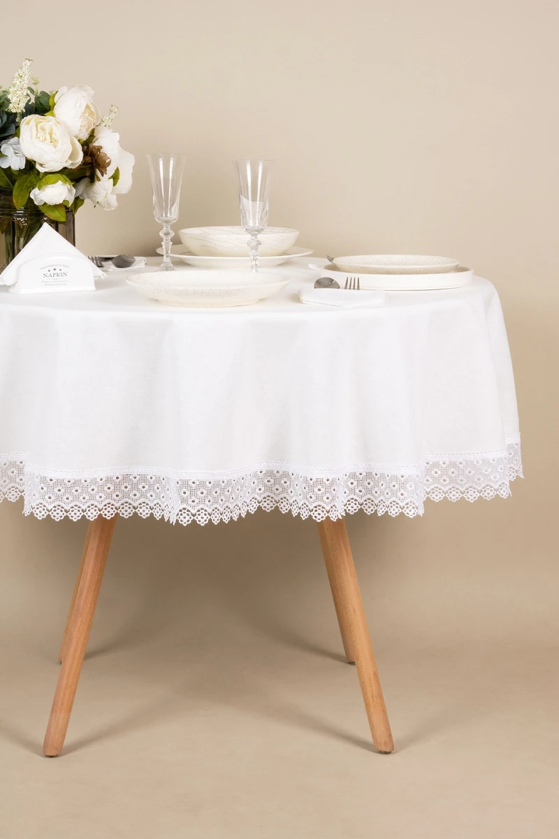 Скатерть круглая с кружевом полулен "ГОС" Отбеленная (вид 1) (145х145 см)