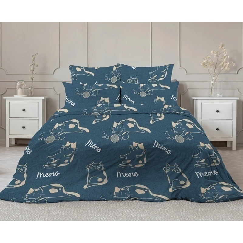 КПБ 4 "ТЛ" поплин "Кошки на синем" р. Евро 2 арт. 70397-1