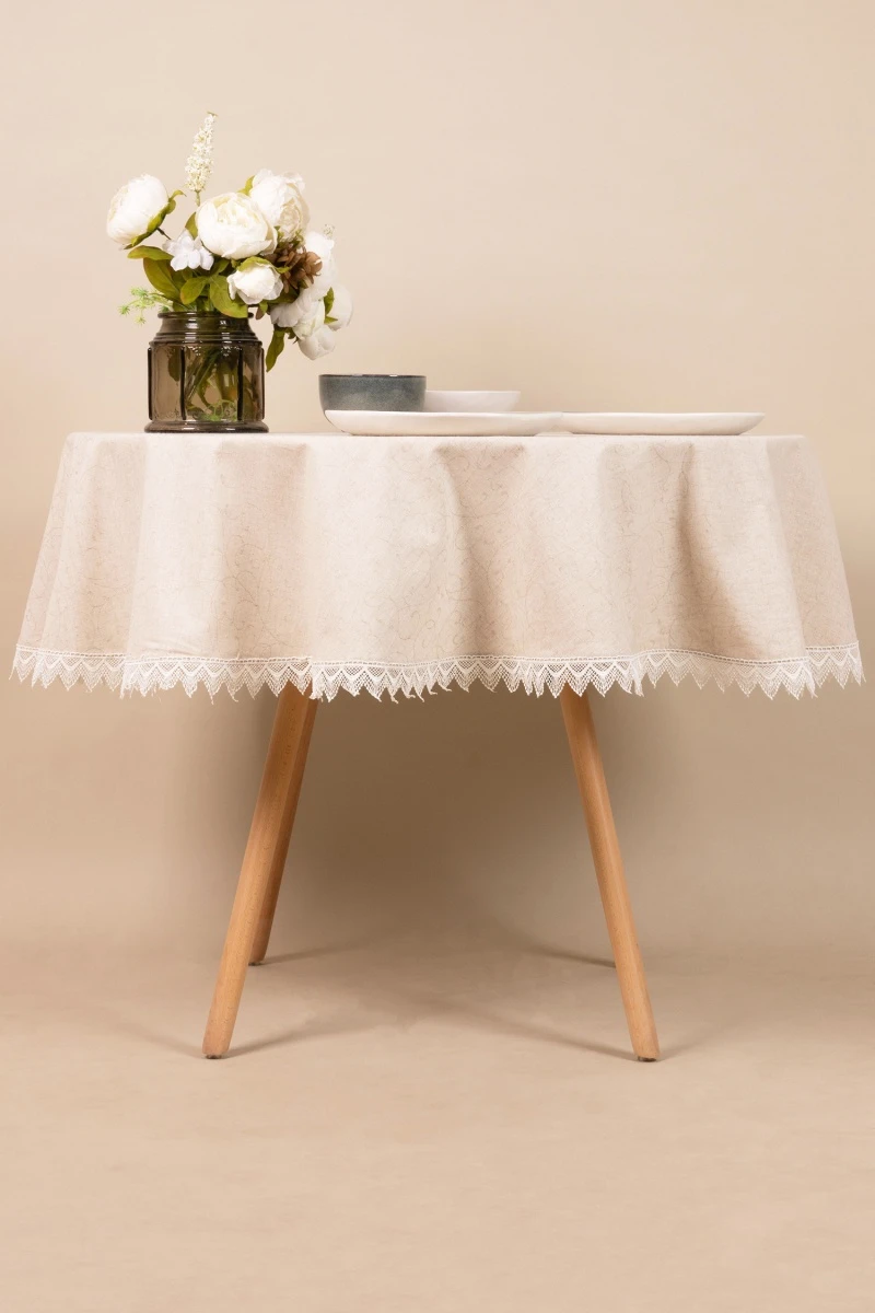 Скатерть круглая с кружевом полулен "ГП" Поэма (вид 14) (145х145 см)