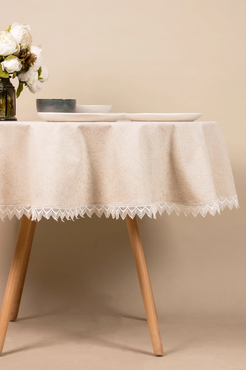 Скатерть круглая с кружевом полулен "ГП" Поэма (вид 14) (145х145 см)