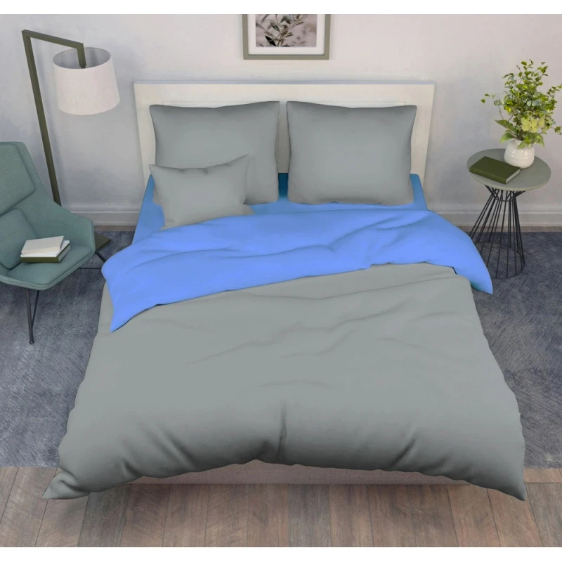 КПБ на пуговицах "ТЛ" бязь "Серый соло+Синий камень" комп. р. Евро 2 рис. 638+ 1899