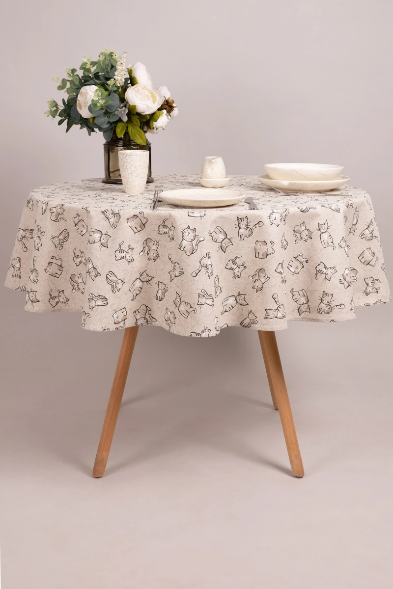 Скатерть круглая полулен "ГП" Китти (чёрный) (145х145 см)