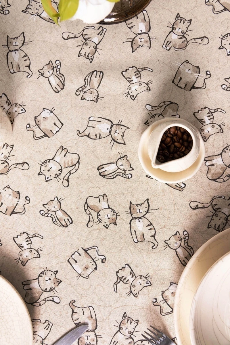 Скатерть круглая полулен "ГП" Китти (чёрный) (145х145 см)