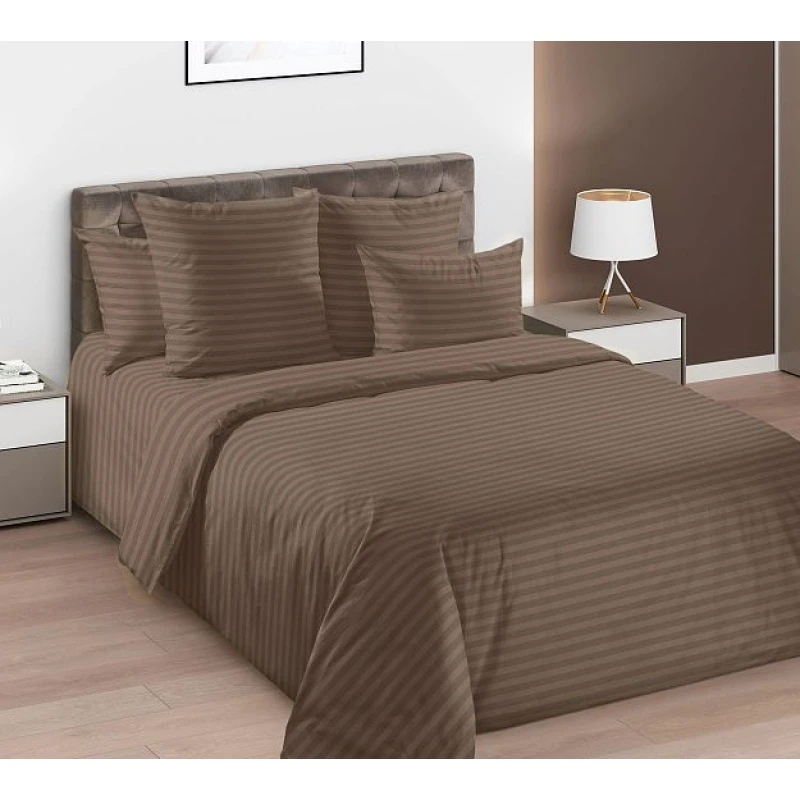 КПБ на пуговицах "ТД" страйп-перкаль "Кофейный" р. Семейный арт. 662173 (полоса 2*2 см)