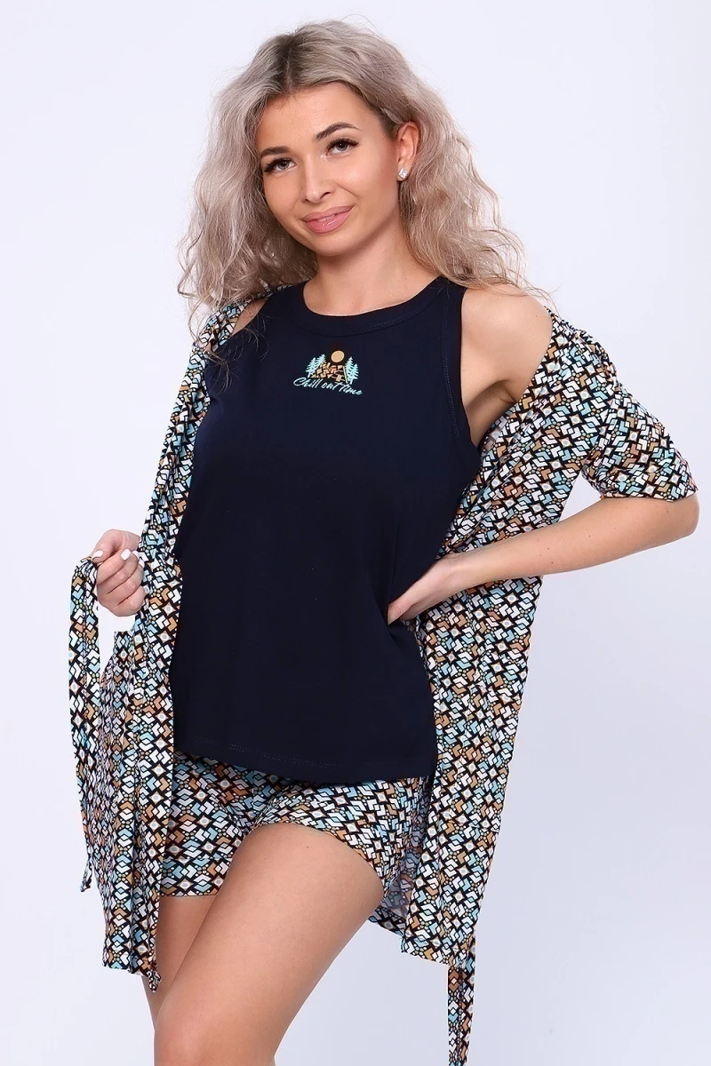Пеньюар с шортами 20135 (синий с принтом)
