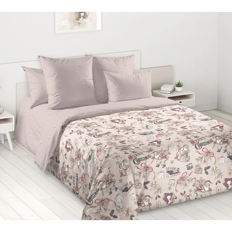 КПБ на пуговицах "ТД" перкаль "Новогодние игрушки 1" комп. р. Евро-Мини арт. 662921 бежевый