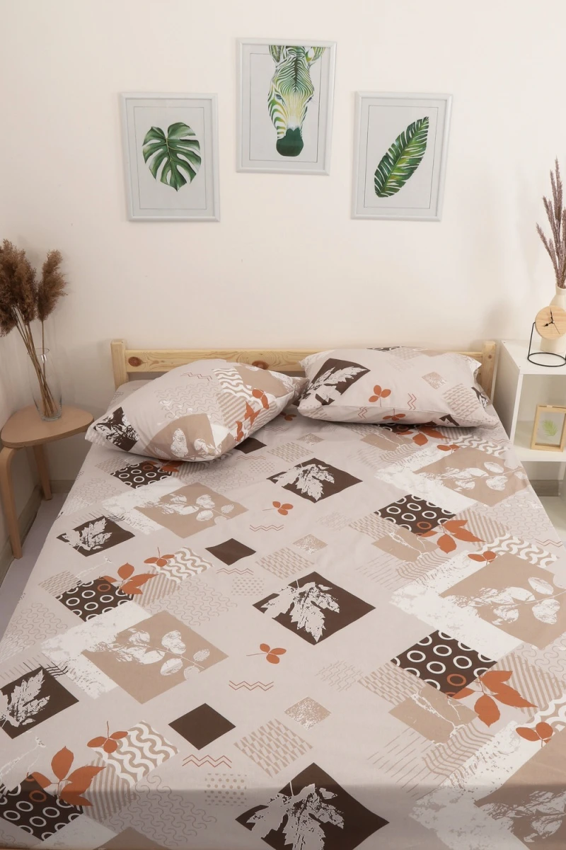 Простыня на резинке перкаль Опавшие листья (серый)