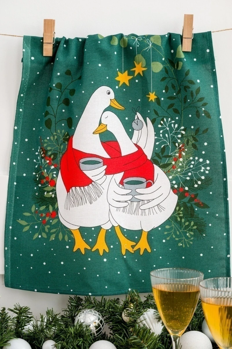 Полотенце с гусями Почудим (белый+зеленый)