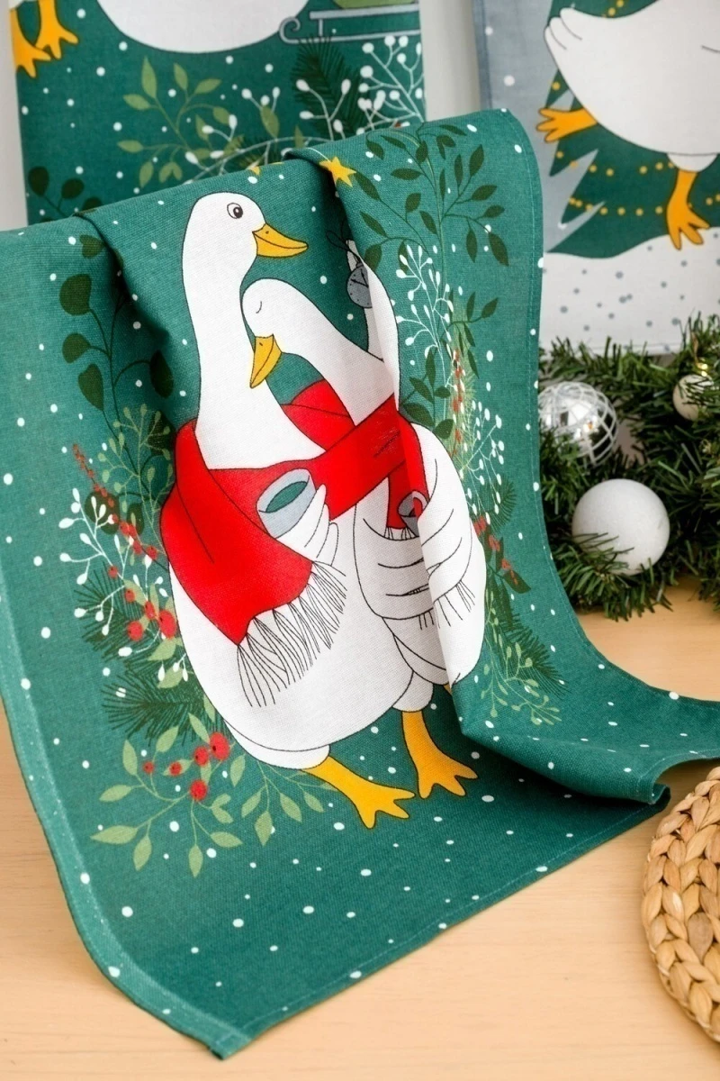 Полотенце с гусями Почудим (белый+зеленый)