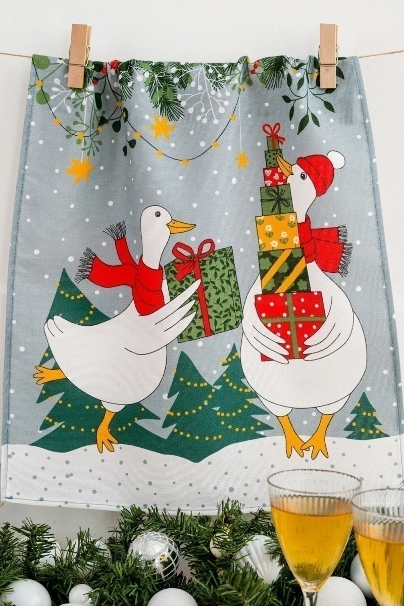 Полотенце с гусями Почудим (белый+зеленый)