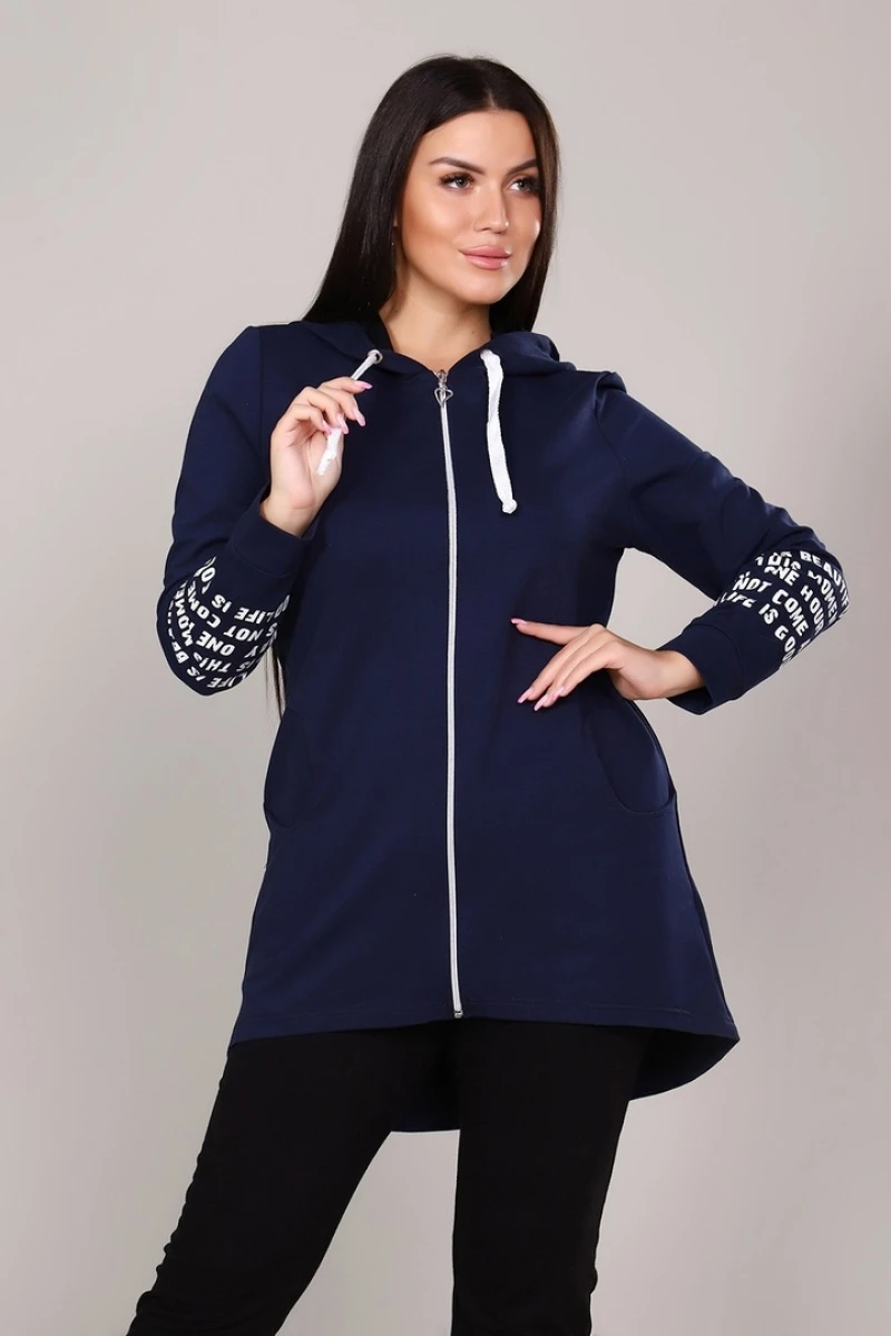 Удлиненная толстовка-худи с принт-текстом на спине - LIFE IS - 417 - т-синий