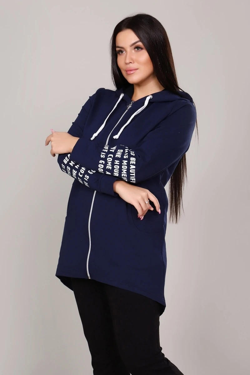 Удлиненная толстовка-худи с принт-текстом на спине - LIFE IS - 417 - т-синий