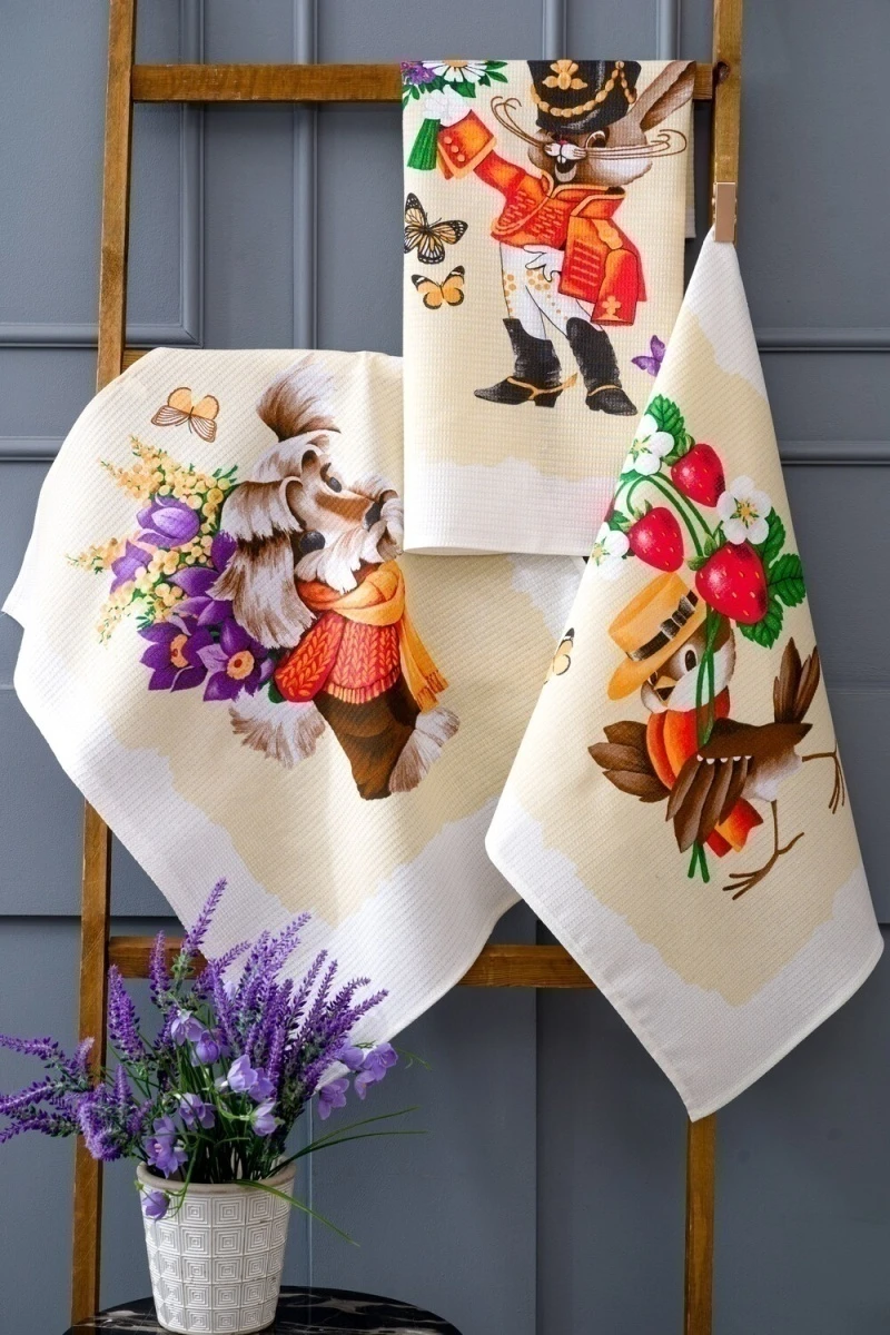 Винтажные открытки набор полотенец (бежевый)