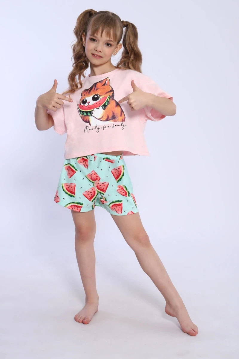 Пижама с шортами Кот-арбуз арт ПД-019-067 (светло-розовый)