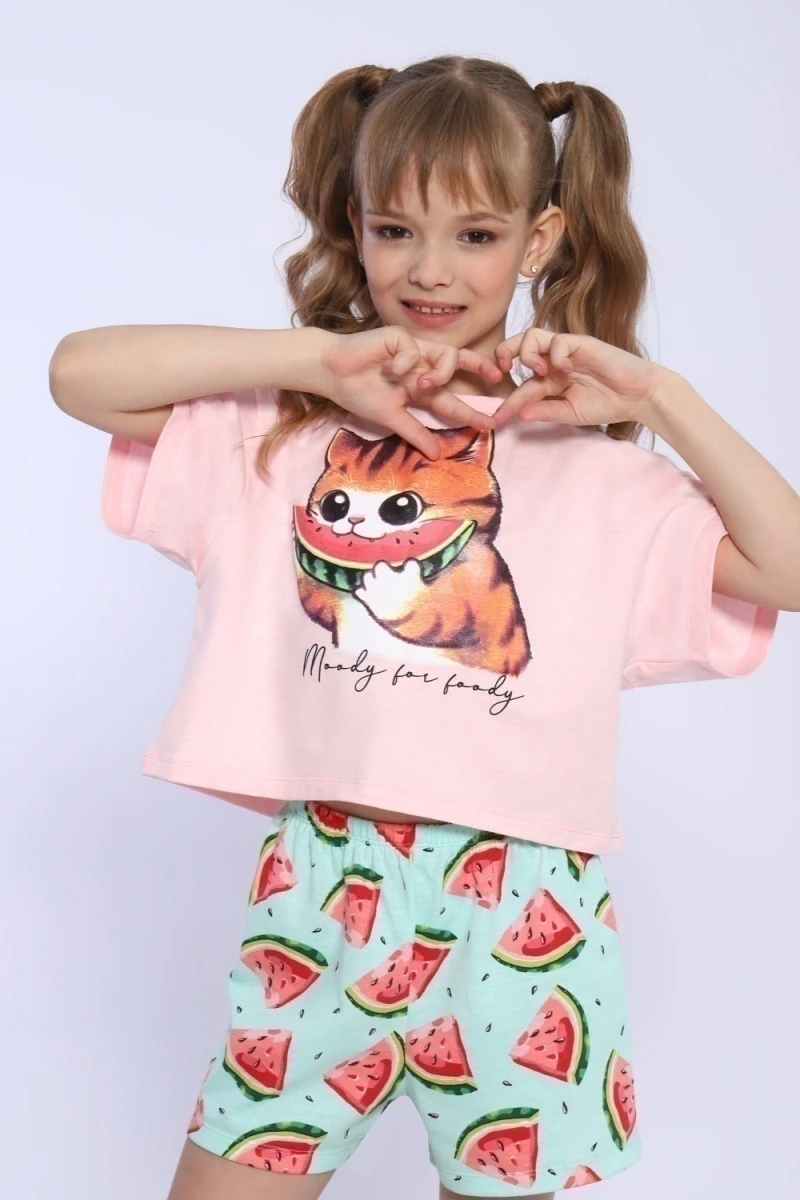 Пижама с шортами Кот-арбуз арт ПД-019-067 (светло-розовый)