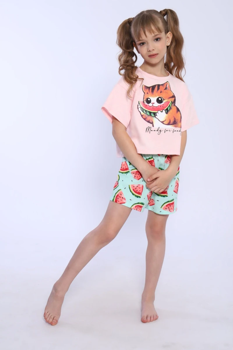 Пижама с шортами Кот-арбуз арт ПД-019-067 (светло-розовый)