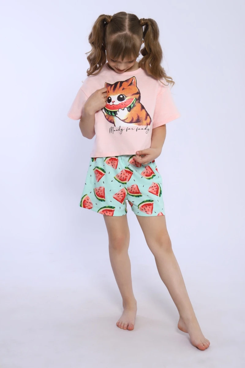 Пижама с шортами Кот-арбуз арт ПД-019-067 (светло-розовый)