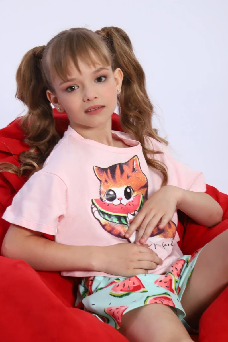 Пижама с шортами Кот-арбуз арт ПД-019-067 (светло-розовый)