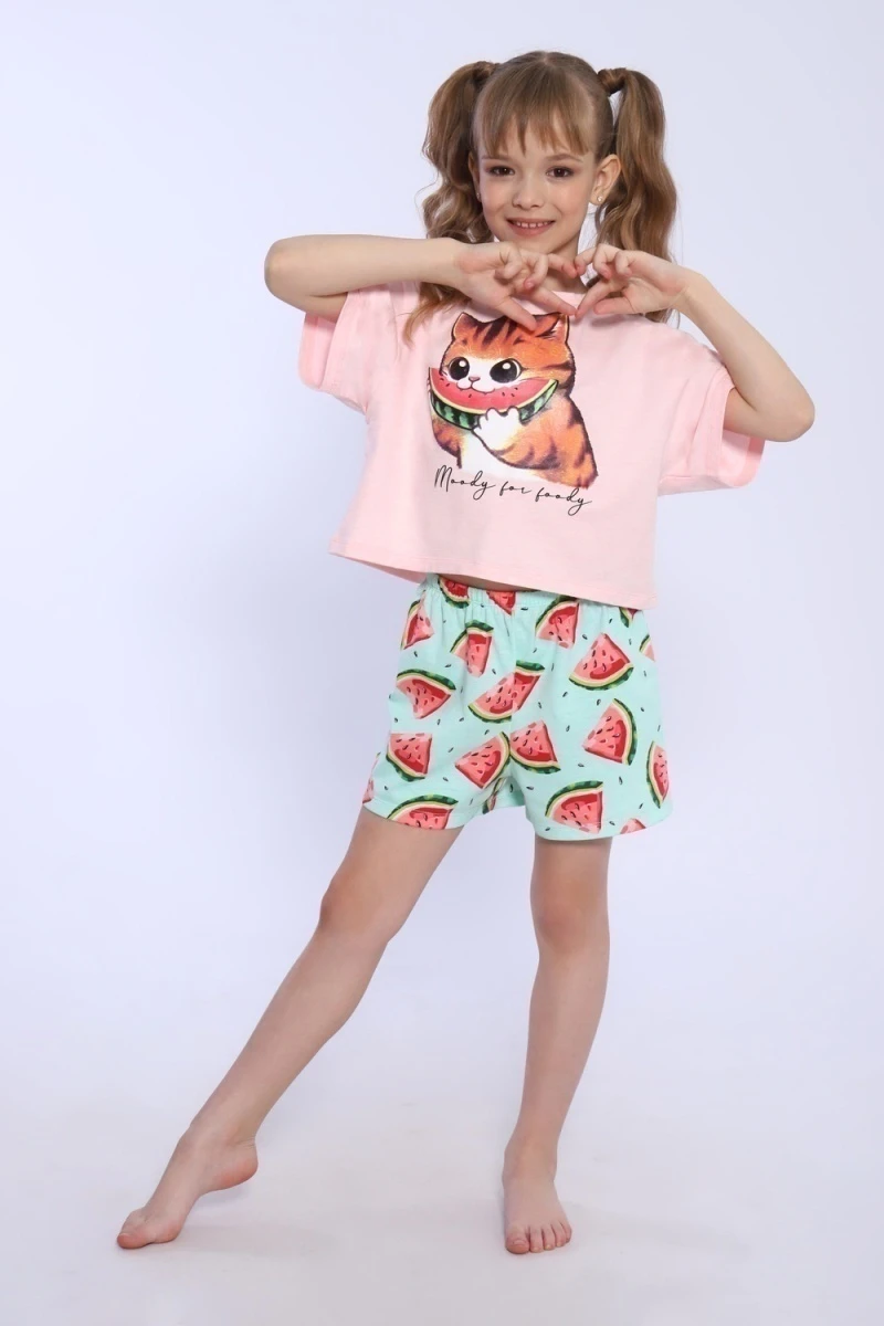 Пижама с шортами Кот-арбуз арт ПД-019-067 (светло-розовый)