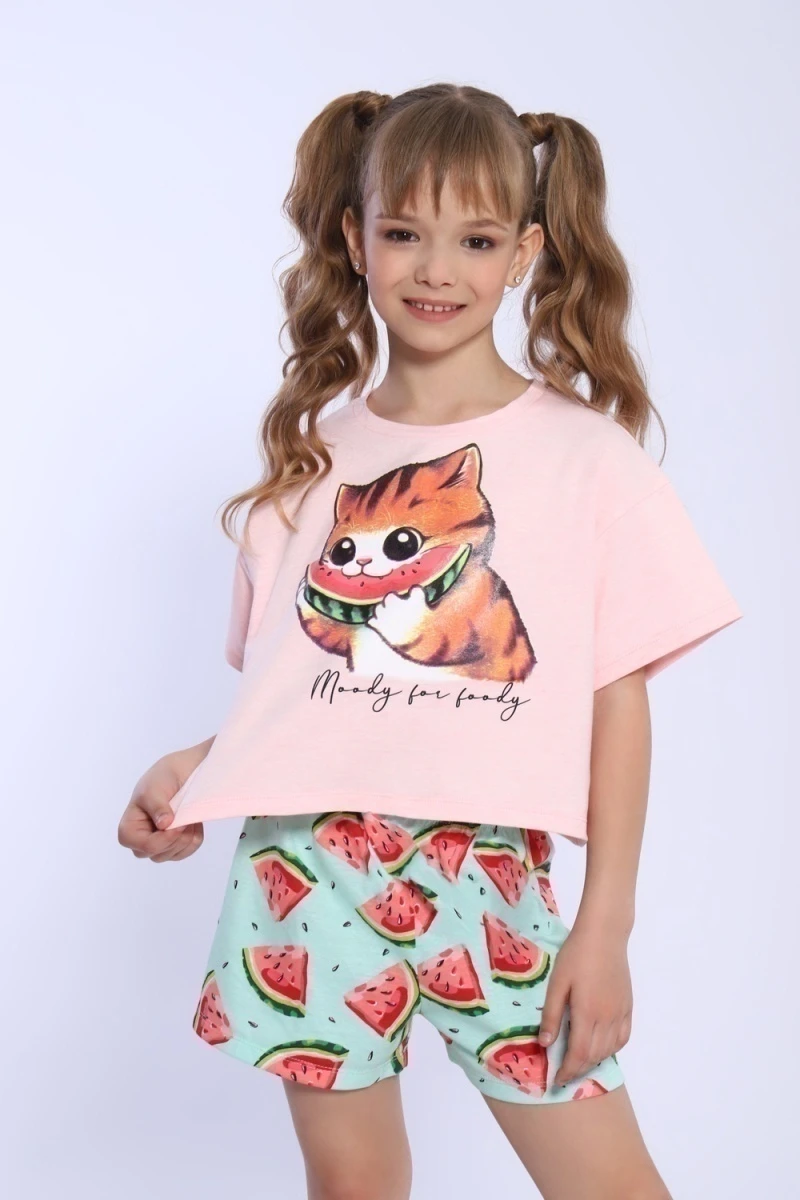 Пижама с шортами Кот-арбуз арт ПД-019-067 (светло-розовый)