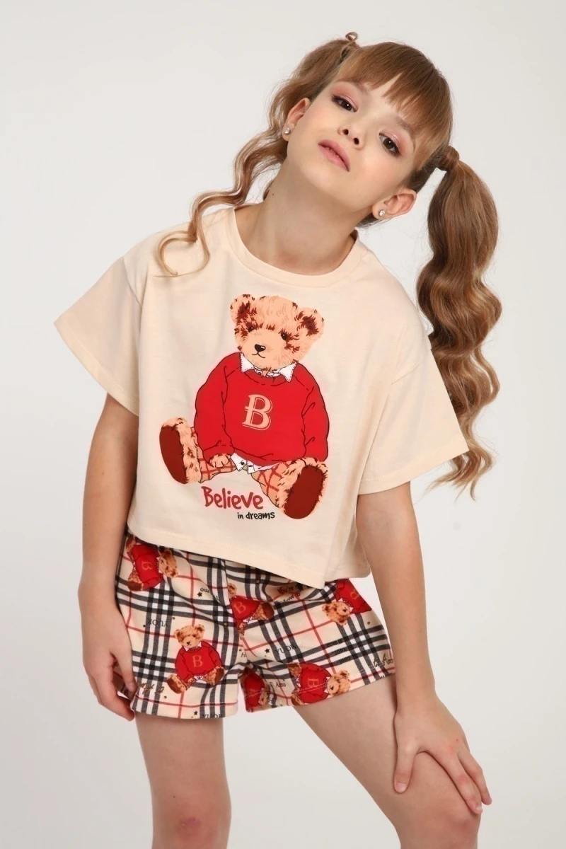 Пижама с шортами ПД-019-075 Медведь-клетка (крем/красный)