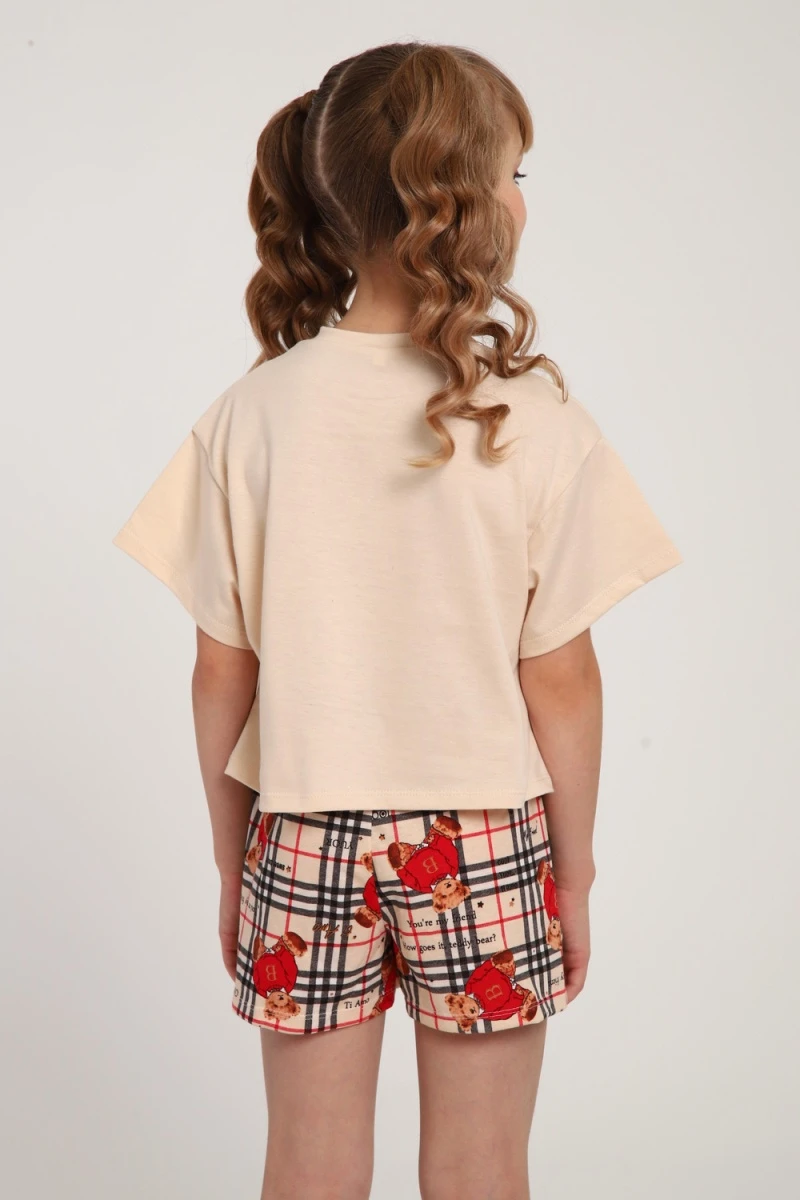 Пижама с шортами ПД-019-075 Медведь-клетка (крем/красный)