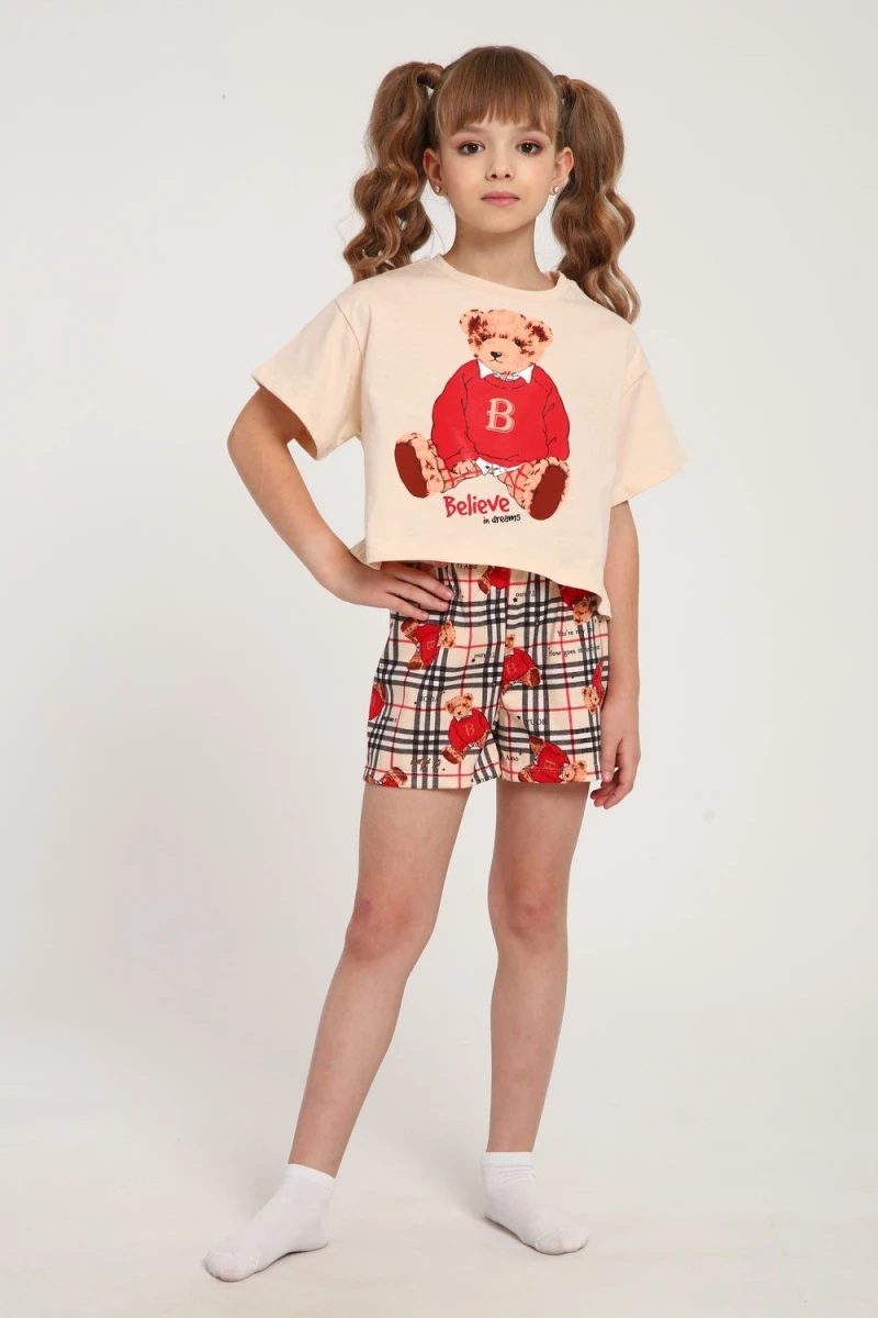 Пижама с шортами ПД-019-075 Медведь-клетка (крем/красный)