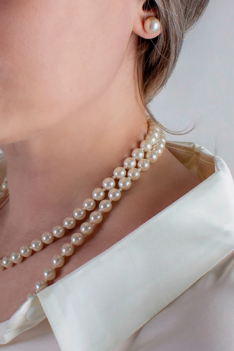 Набор бижутерии 3в1: Бусы жемчуг длинные сотуар 120см(60)+жемчужные пусеты + Подарок, в подарочном мешочке (Теплый жемчуг)