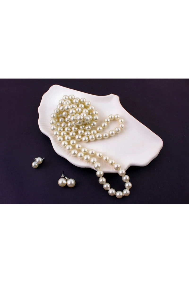 Набор бижутерии 3в1: Бусы жемчуг длинные сотуар 120см(60)+жемчужные пусеты + Подарок, в подарочном мешочке (Теплый жемчуг)