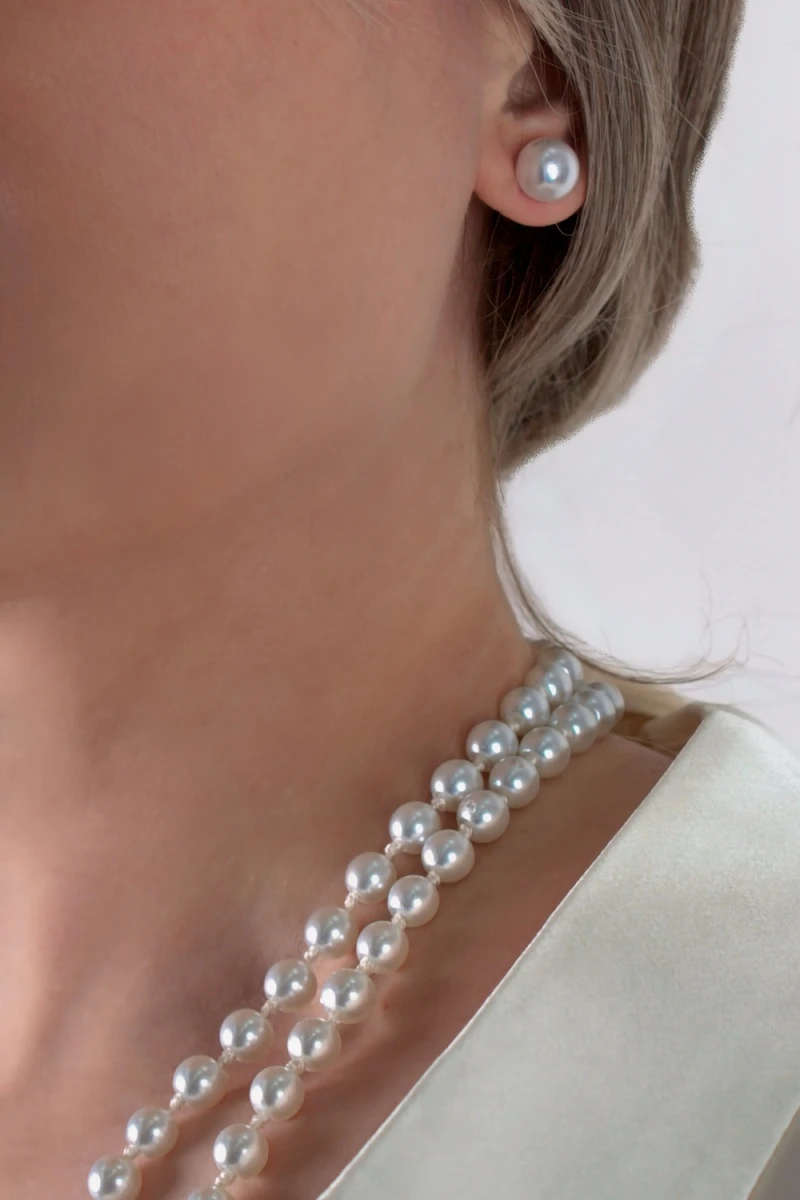 Набор бижутерии 3в1: Бусы жемчуг длинные сотуар 120см(60)+жемчужные пусеты + Подарок, в подарочном мешочке (Холодный жемчуг)