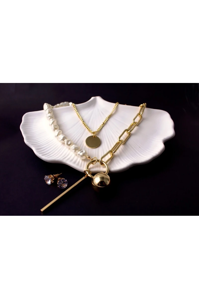 Колье с жемчугом и подвеской + Подарок, в подарочном мешочке (сатиновое золото)