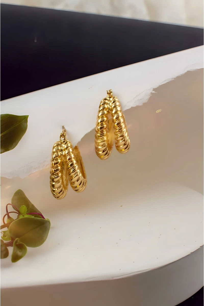 Серьги двойные кольца Рифленые + Подарок (золото)