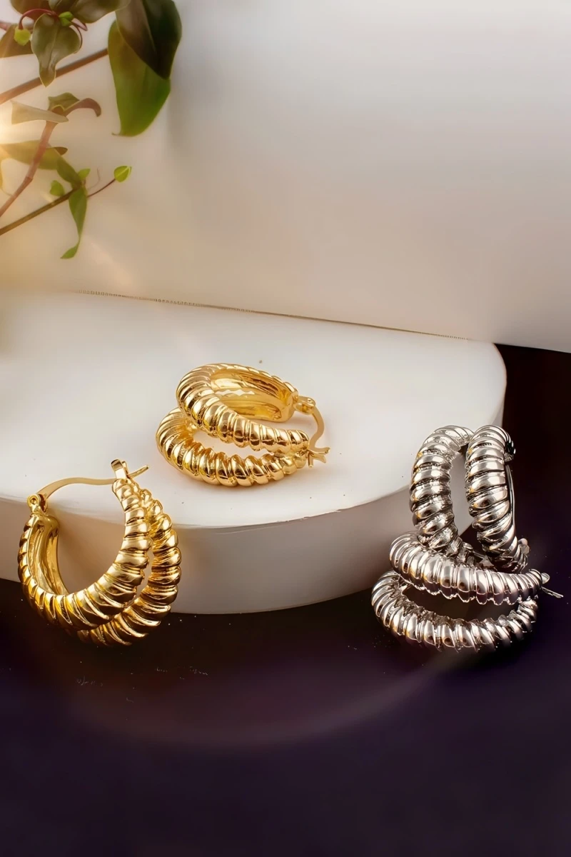 Серьги двойные кольца Рифленые + Подарок (золото)