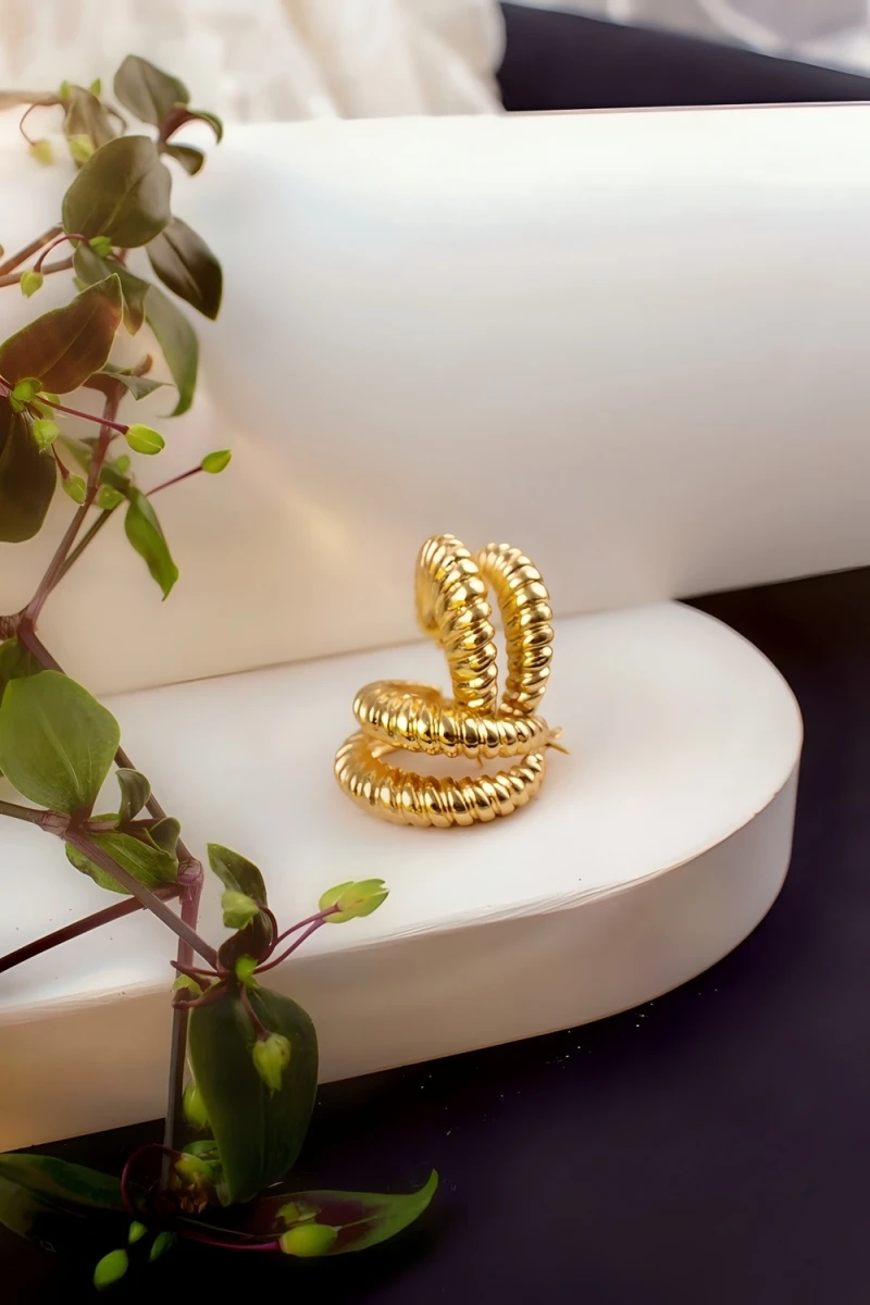 Серьги двойные кольца Рифленые + Подарок (золото)