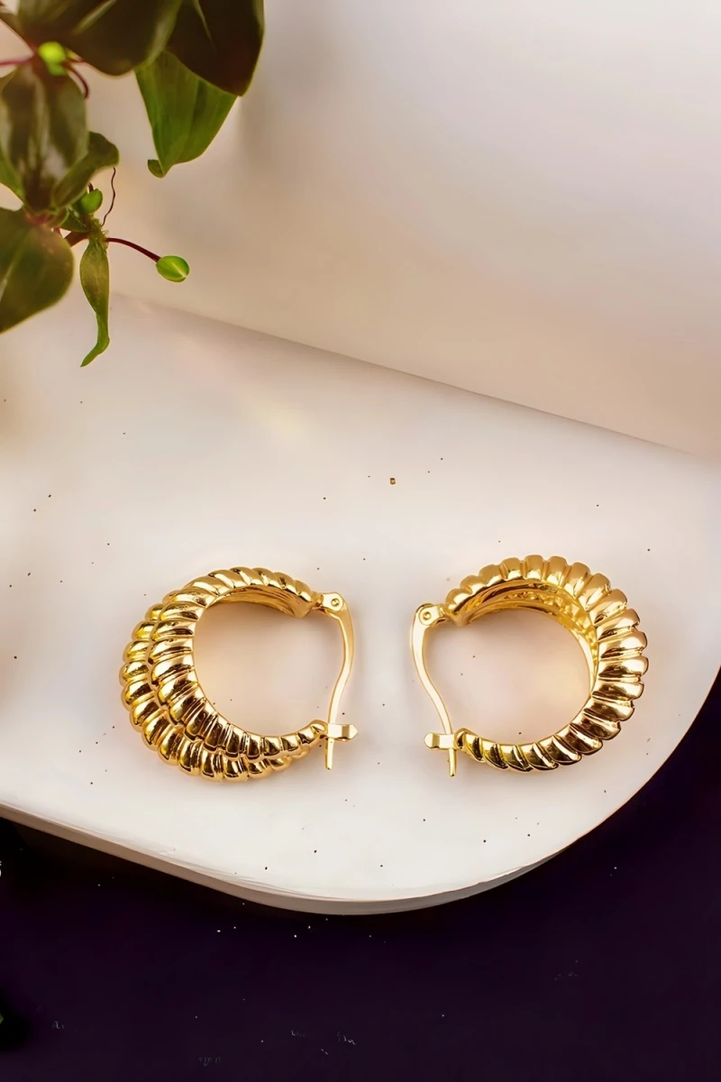 Серьги двойные кольца Рифленые + Подарок (золото)