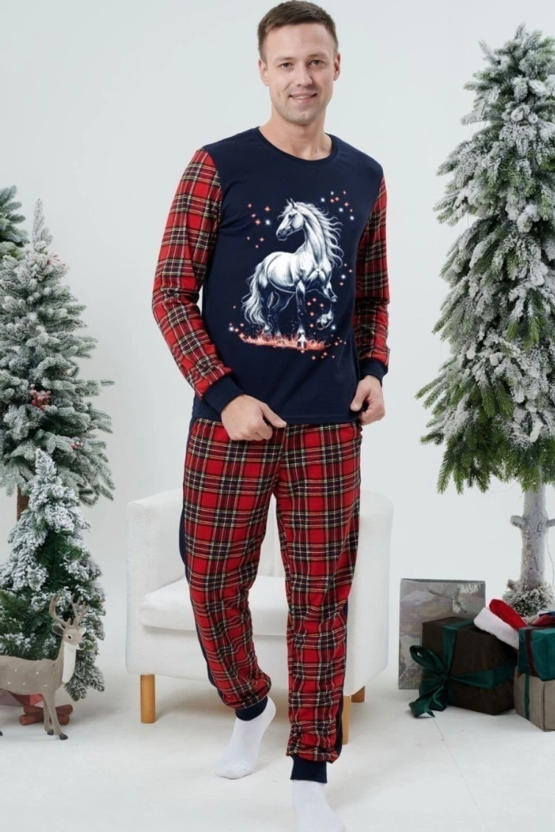 Пижама с брюками 7290 (лошадь+красно-синяя клетка)