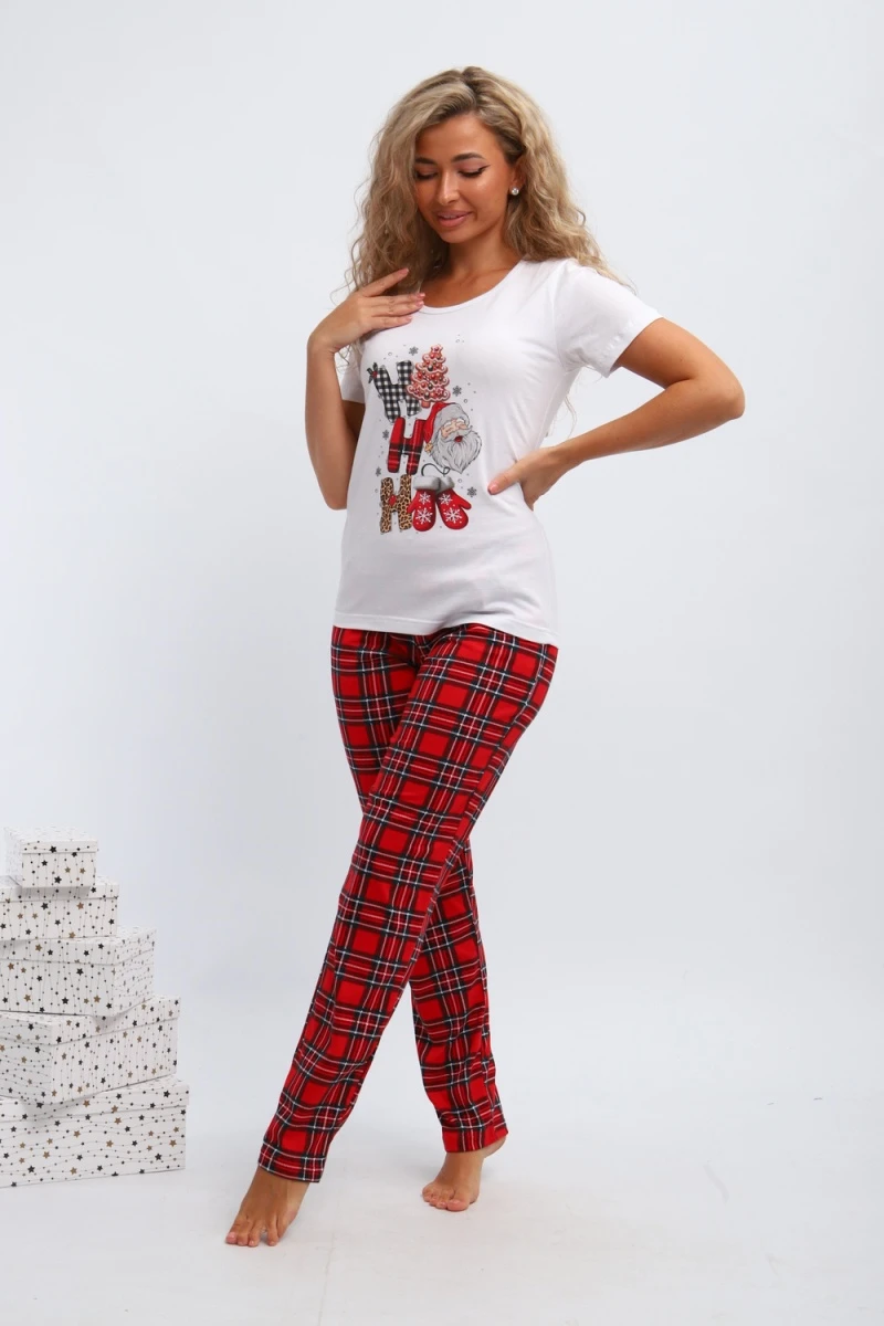 Пижама с брюками П154 новый год (красный,белый)