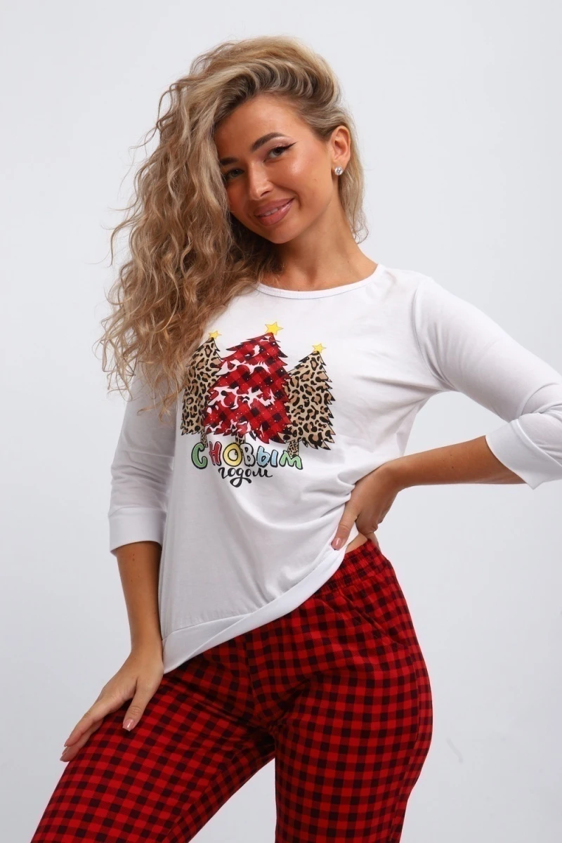 Пижама с брюками П162 Нарядные Ёлочки (красный,белый)