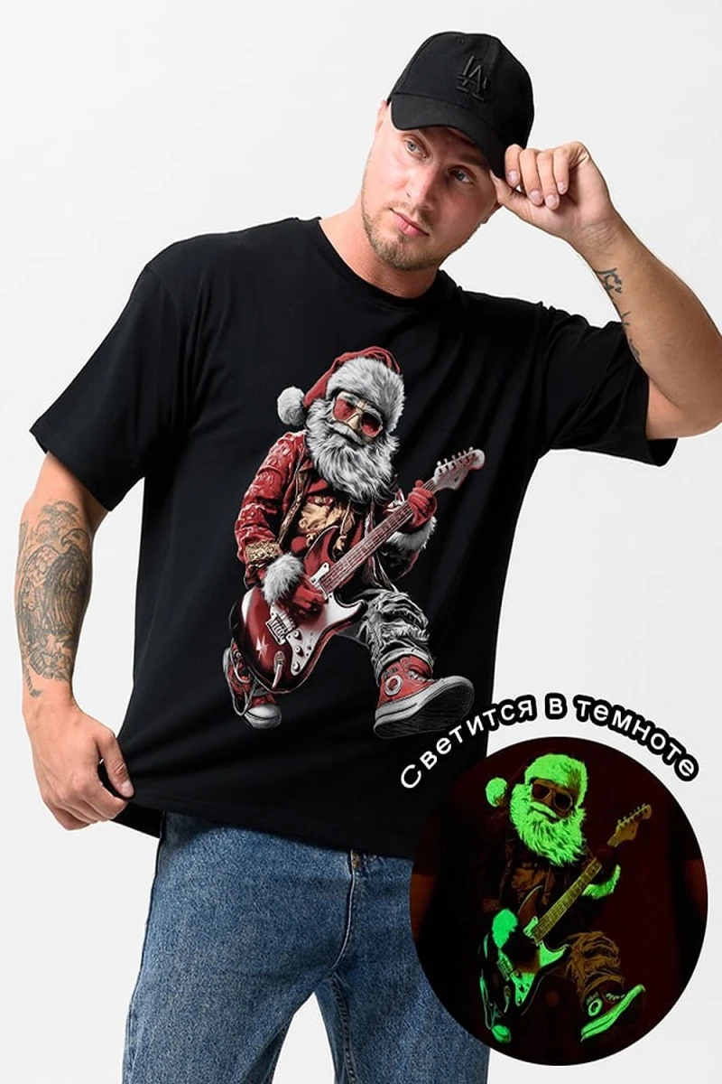 Футболка 8586 (черный+Д мороз с гитарой)