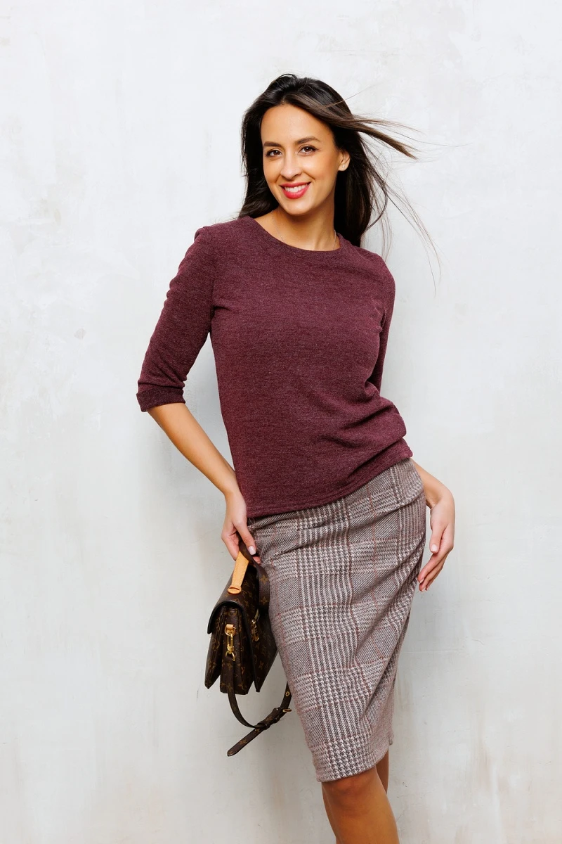 Юбка теплая в клетку миди 273-1BRN (коричневый/клетка)