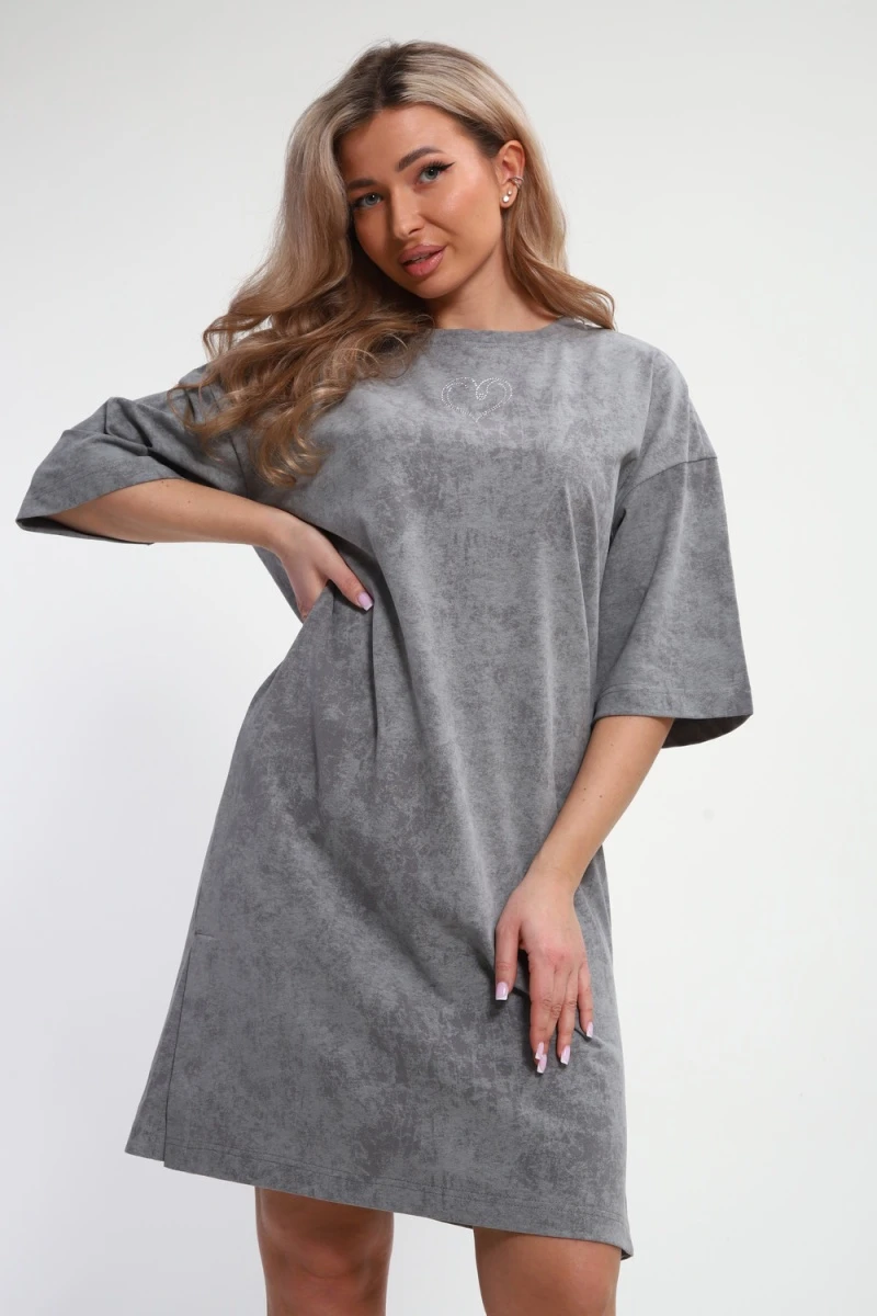 Платье туника варенка с принтом Сердце ТП-02 (светло-серый варенка)