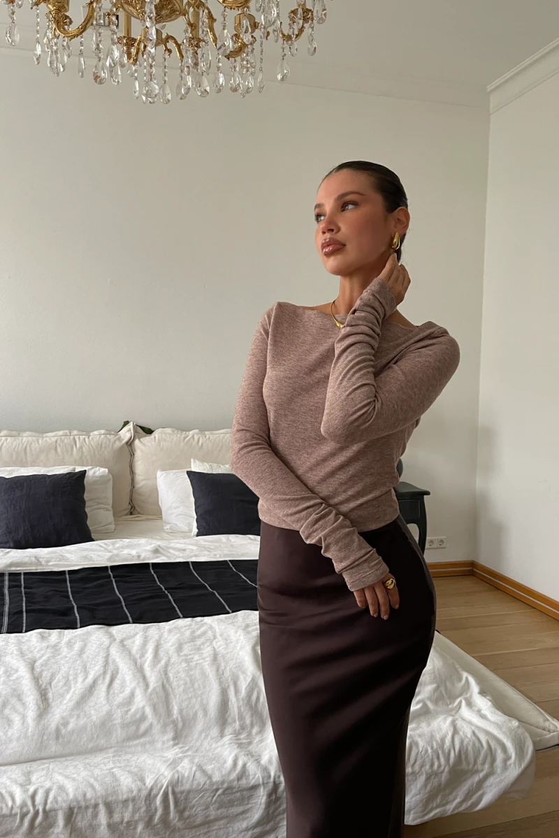 Лонгслив облегающий полупрозрачный с длинным рукавом (кофейный)