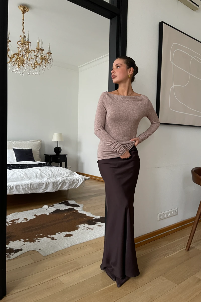 Лонгслив облегающий полупрозрачный с длинным рукавом (кофейный)