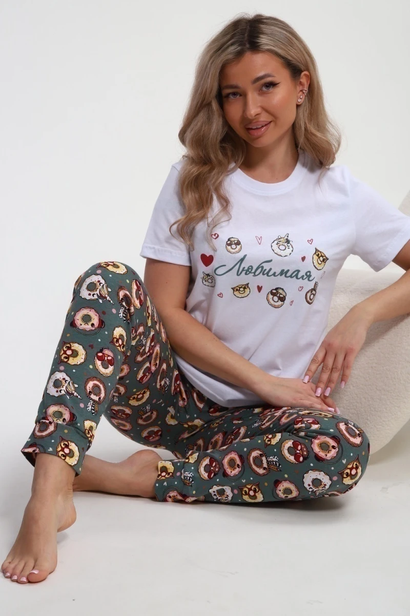 Пижама с брюками Любимая Пончики (белый/зеленый)