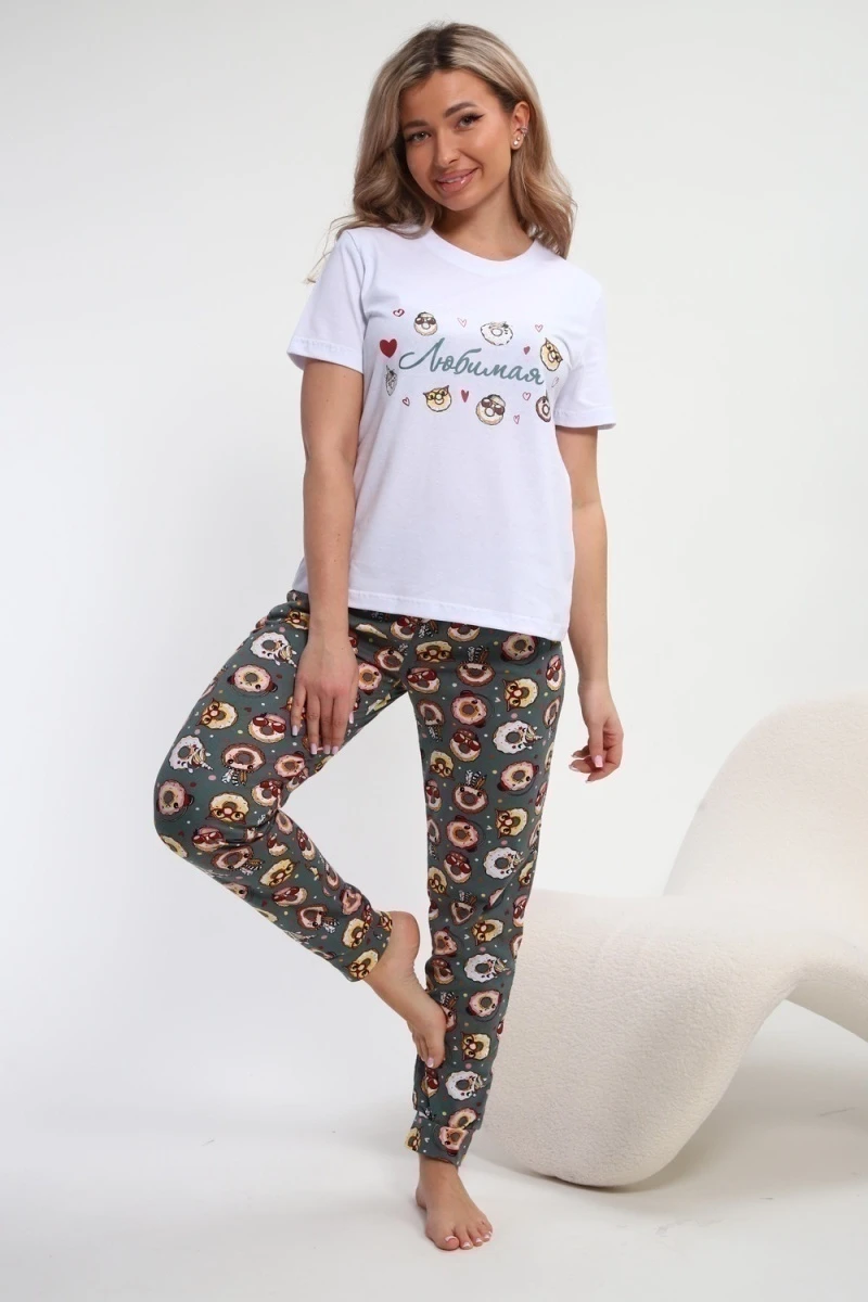 Пижама с брюками Любимая Пончики (белый/зеленый)