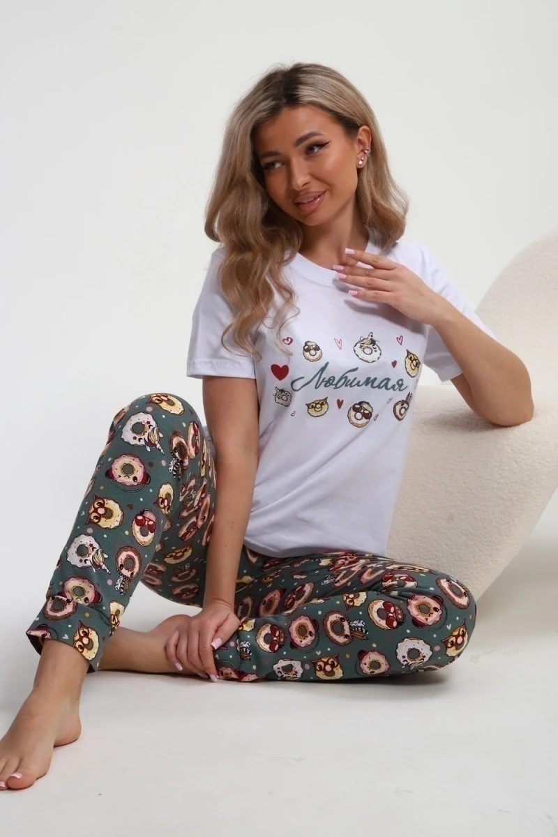 Пижама с брюками Любимая Пончики (белый/зеленый)
