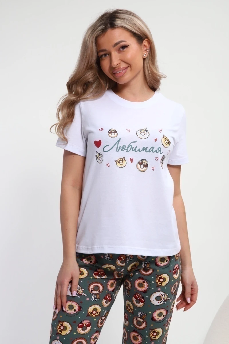 Пижама с брюками Любимая Пончики (белый/зеленый)