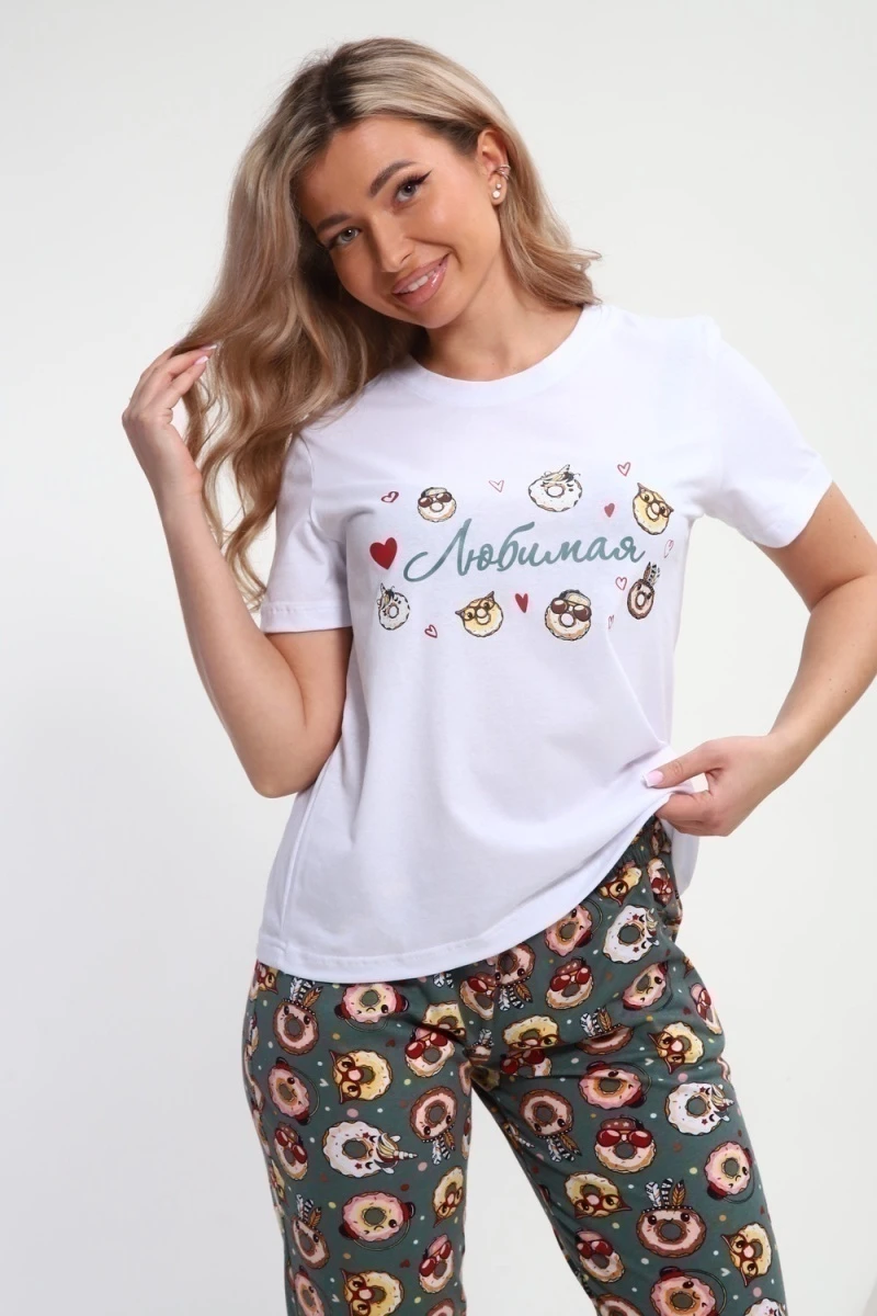 Пижама с брюками Любимая Пончики (белый/зеленый)