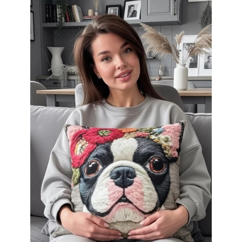 Наволочка декоративная Собака с цветами серый (серый)