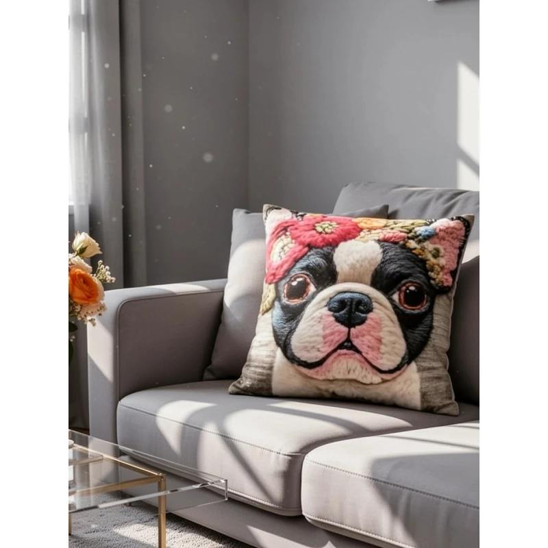 Наволочка декоративная Собака с цветами серый (серый)